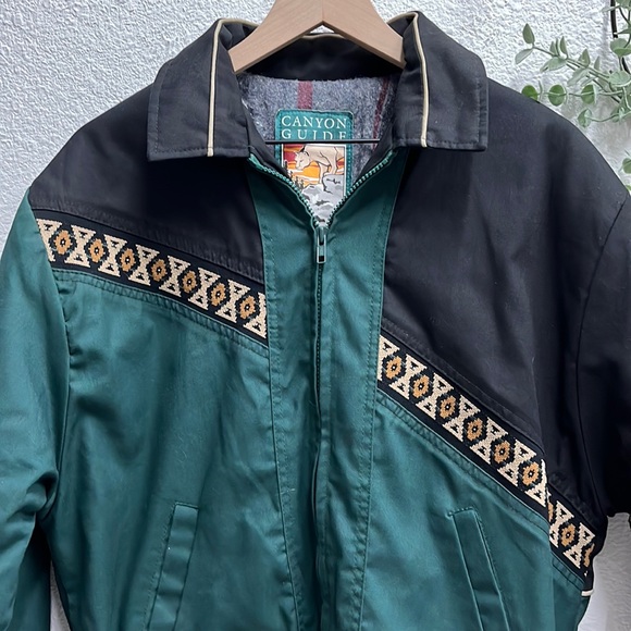Vintage Aztec Bomber Jacket 80s 90s Streetwear Tribal Black Green Vtg Rare - Picture 2 of 13